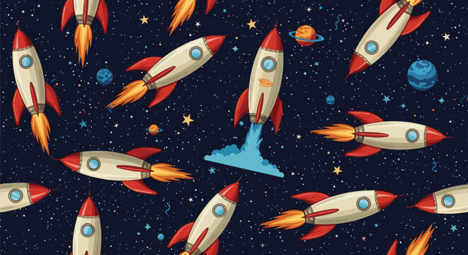 Seamless pattern featuring various colorful retro-style cartoon rockets, stars, and planets scattered in dark outer space.