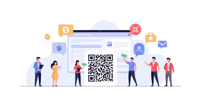 Team of people around a computer screen with QR code and financial icons