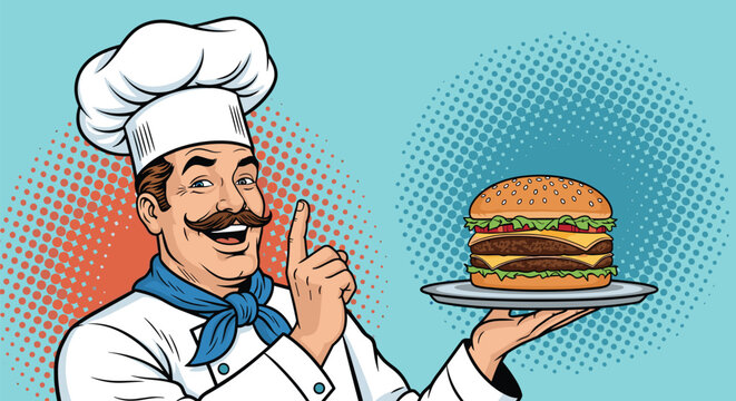 Smiling chef with a mustache and tall hat holding a delicious double cheeseburger on a silver tray and pointing up in pop art style.