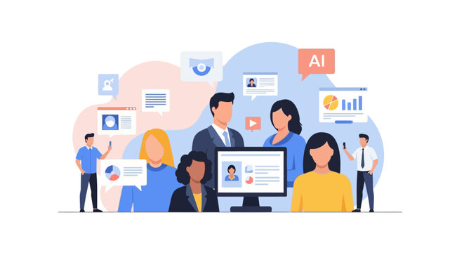 Team People Collaboration with Computer monitor and AI icons