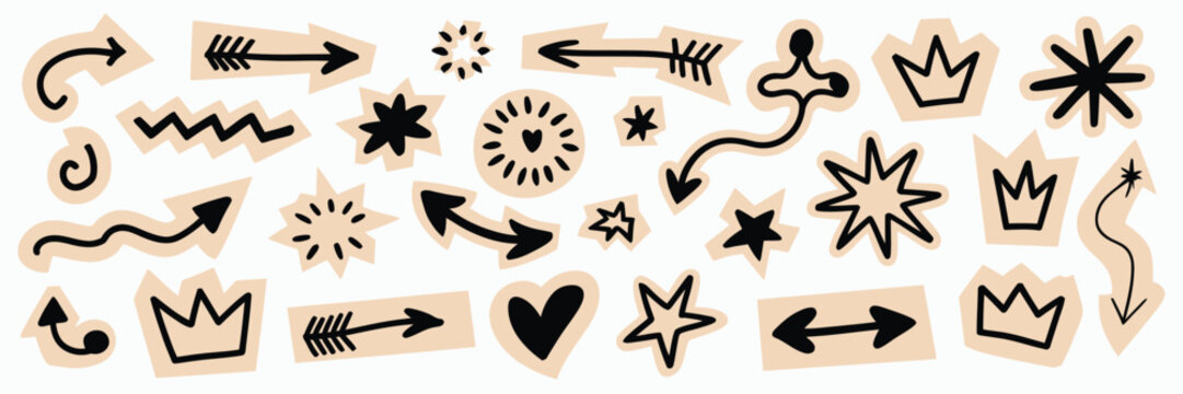 Scrapbook collage sticker set hand drawn paper cut crayon doodle planner vector illustration