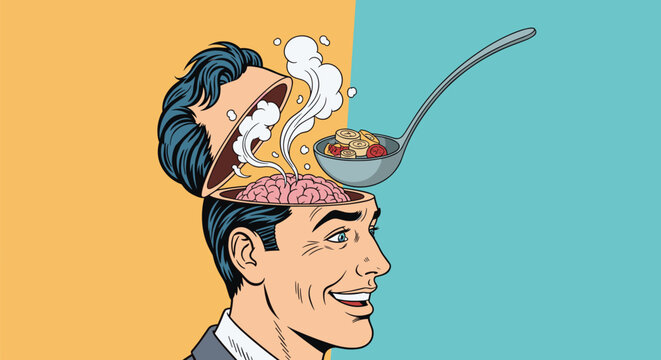 Open head of a smiling businessman with steam rising from his brain as a ladle serves him hot soup filled with various ingredients.