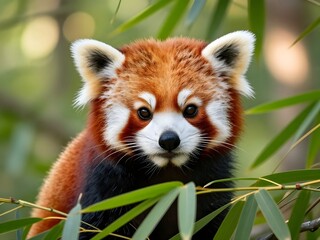 Obraz premium Macro portrait of a cute Red Panda peeking through green bamboo leaves in a sunlit forest