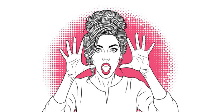 Surprised young woman with her hands near her face and mouth open in a shout or gasp of amazement against a red dotted background.