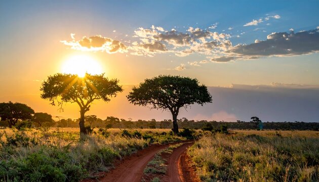 サバンナ 夕景 アカシア 一本道 赤土 轍 黄金色 地平線 静寂 郷愁 生命 躍動 旅路 畏敬 展望 孤独 共生 輪郭 陰影 芳醇
