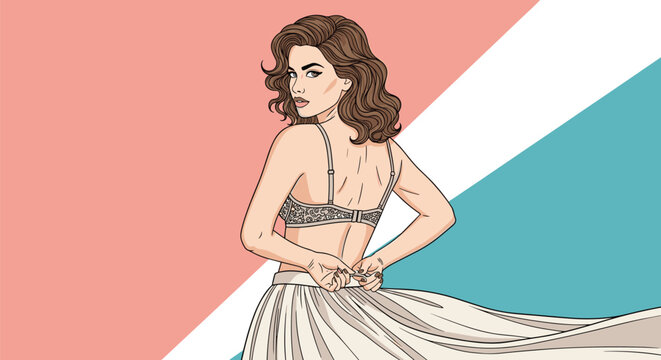 Elegant woman with long wavy brown hair wearing a floral bra and a flowing white skirt looking back over her shoulder against a split background.