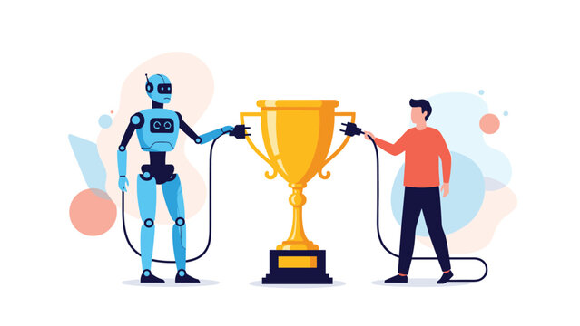 Human and humanoid robot both plugging their cords into a giant gold trophy representing the synergy between AI and human effort.