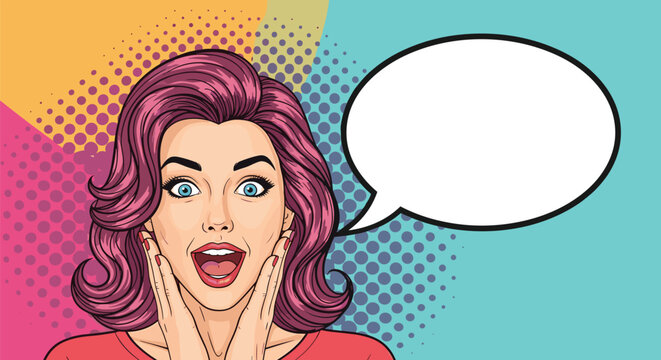 Surprised young woman with purple hair holding her face in shock with an empty white speech bubble next to her on a dotted background.