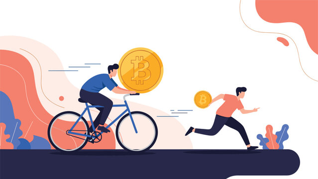 Man riding a bicycle with a large bitcoin competing against a running man with a smaller coin representing cryptocurrency investment.