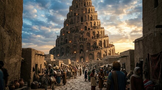 Biblical ancient construction: Babel tower, human aspiration, skyward reach, divine confusion, ancient kingdom, marketplace bustle, brick structure, desert horizon, cultural myth.