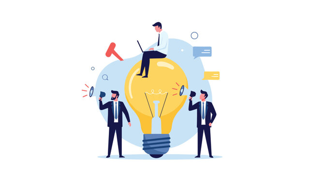 Creative team using megaphones and laptops while sitting on a giant lightbulb to share and promote new business ideas.