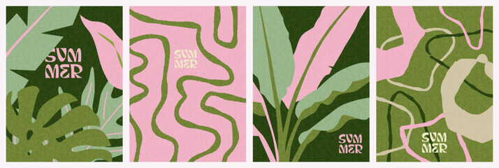 Abstract summer tropical covers with botanical leaves and organic shapes in pink and green. Design templates for posters, branding, social media, packaging, labels, and seasonal campaigns.
