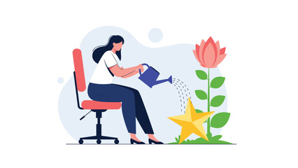 Fototapeta premium Dedicated professional woman watering a golden star to nurture corporate success and encourage professional growth.