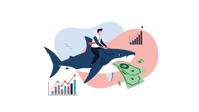Businessman rides a giant shark that is eating green banknotes to represent high-risk and aggressive investing.