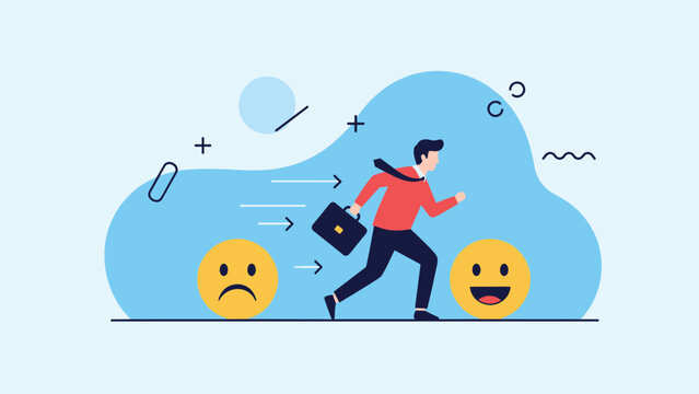Businessman runs away from a sad face toward a happy face on a blue background to show emotional progress.
