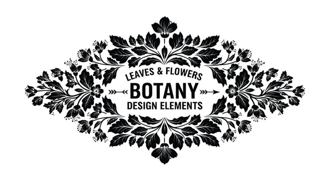 Elegant botanical vector illustration featuring intricate floral frames with symmetrical leaves and blooming flowers arranged in a sophisticated layout perfect for wedding stationery or ornamental gra