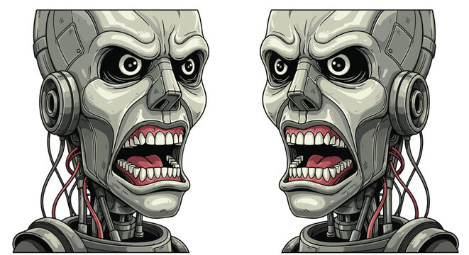 Two identical mirrored cyborg or robot heads with aggressive expressions, glowing eyes, and exposed mechanical teeth.