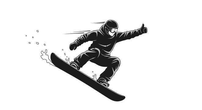 Dynamic black and white illustration of a snowboarder jumping through the snow and giving a positive thumbs up gesture.