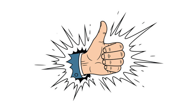 Hand in a blue suit sleeve giving a positive thumbs up gesture through a white paper burst or impact explosion.