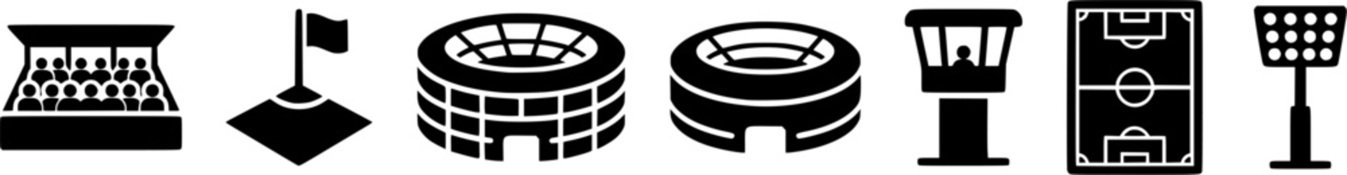 Sports arena icons depicting stadium infrastructure and playing fields suitable for athletic event guides and facility representations
