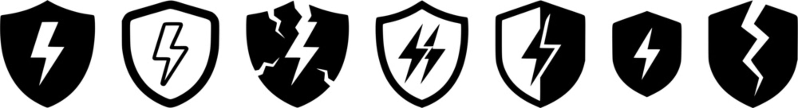 Set of broken shield with lightning bolt icons representing security breach data protection failure and danger useful for cybersecurity warnings alert systems error messages