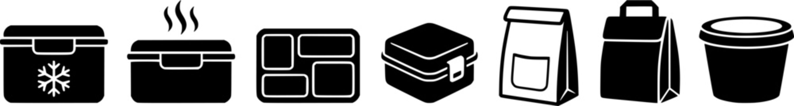 Versatile food container and lunch bag icon set for meal preparation and storage solutions in modern kitchen and dining applications
