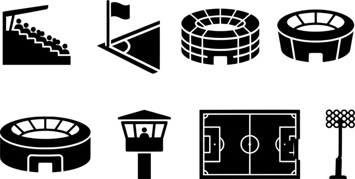 Sports arena icons depicting stadium infrastructure and playing fields suitable for athletic event guides and facility representations
