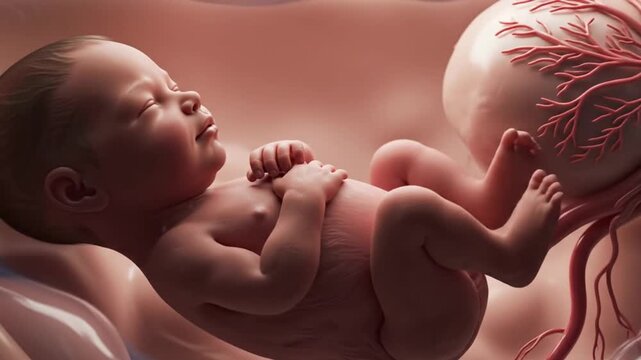 A newborn baby lies on its back with an umbilical cord attached to the placenta.