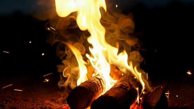 Close-up of burning logs in a campfire at night with sparks flying.