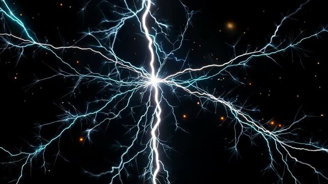 Bright electric lightning strikes across a dark background with sparks.
