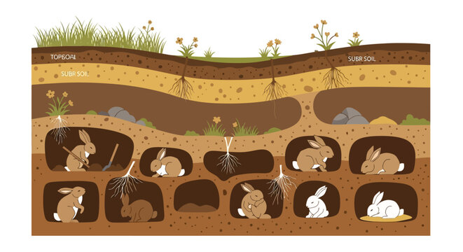 Rabbits dig complex underground burrows with multiple entrances and exits