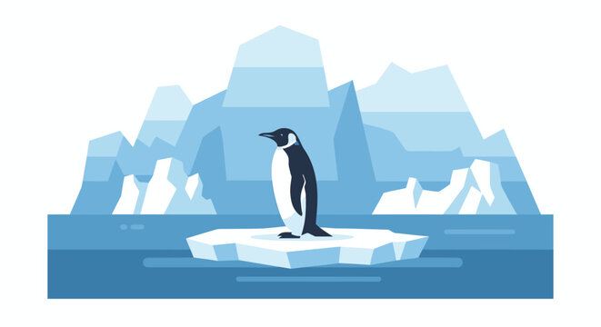 A penguin stands alone on a floating ice berg in cold water surrounded by melting glaciers in the sea.