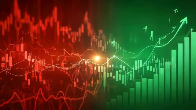 Stock market chart showing recovery from red decline to green growth trend