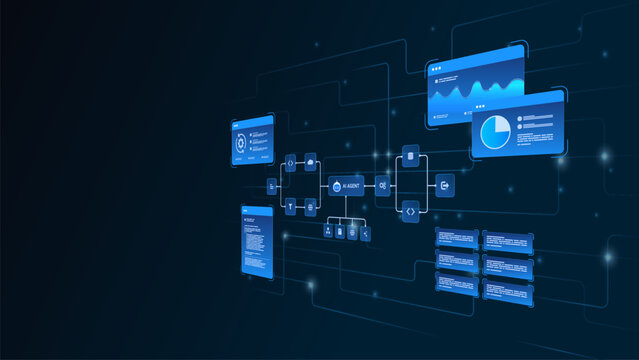AI workflow automation artificial intelligence. ai agent network diagram with data pipelines, analytics panels, and software architecture in futuristic blue interface.