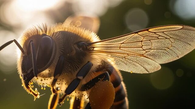 Close-up cinematic shot of a bee on a green leaf backlit by warm sunlight in nature