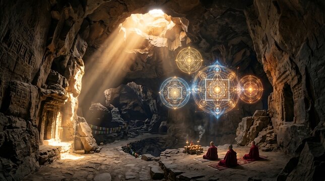 Ancient cave with mystical energy orbs and monks meditating