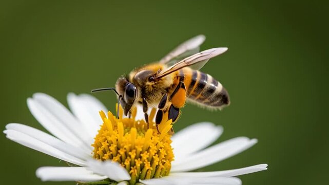 A cinematic macro shot captures a honey bee hovering over a flower in a natural outdoor setting.