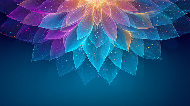 Vibrant Abstract Geometric Flower Structure with Radial Symmetry, Teal and Magenta Colors, and Copy Space