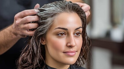 Naklejka premium Woman receiving professional hair treatment in a modern salon, focused on care and beauty ritual for healthy hair