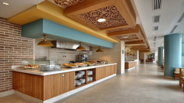 Elegant and Modern Restaurant Interior with Buffet Setup Featuring Wooden Cabinets and Beautiful Decorative Elements