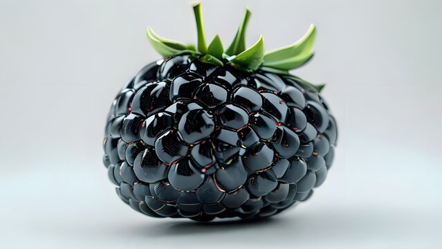 Single, plump blackberry with fresh green leaves against a plain white background