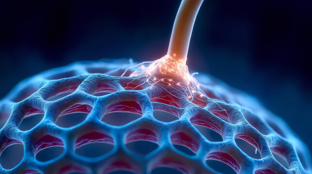 Macro shot of a glowing filament breaking through a blue geometric lattice, representing scientific breakthrough and innovation with copy space.