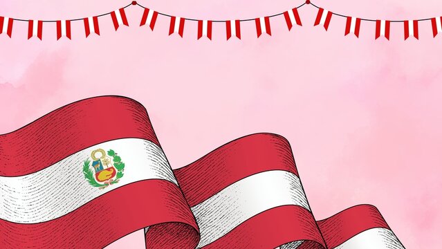 Peruvian Flag Waving Proudly with Festive Bunting on a Soft Pink Background