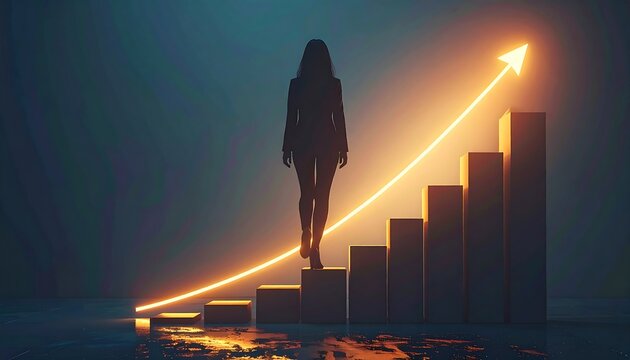 Silhouette of a woman walking up a bar chart staircase with a glowing upward arrow, symbolizing business success, growth, and career advancement