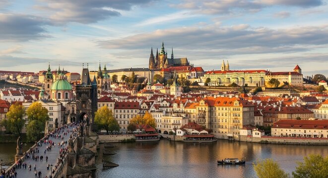 Panoramic View of Prague Cityscape with Historic Architecture.