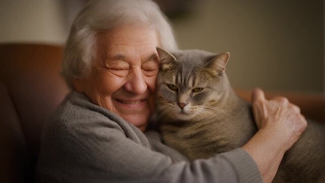 幸せなひととき：愛猫を抱きしめる笑顔の高齢女性、ペットとの深い絆