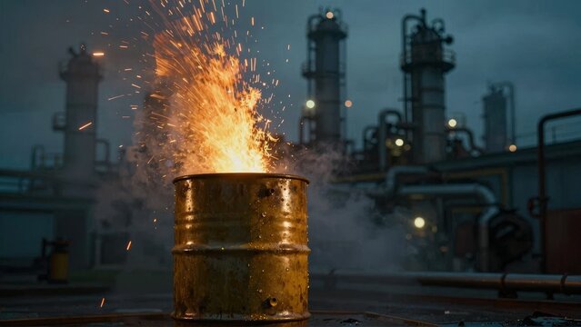 Industrial Barrel Explosion with Sparks in Chemical Plant
