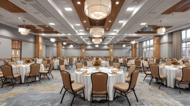 Elegant banquet hall with round tables and modern lighting for formal events and celebrations, spacious interior design