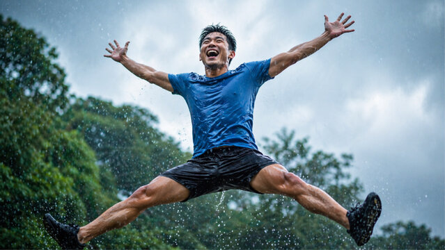 An Asian man is seen jumping for joy at being able to exercise in the rain.
