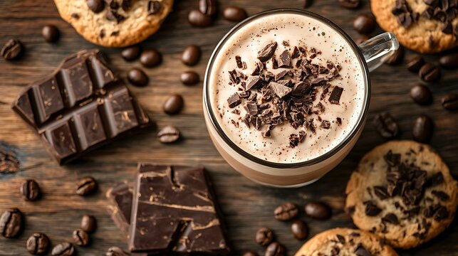 Frapp&eacute; drink next to chocolate cookies and coffee beans